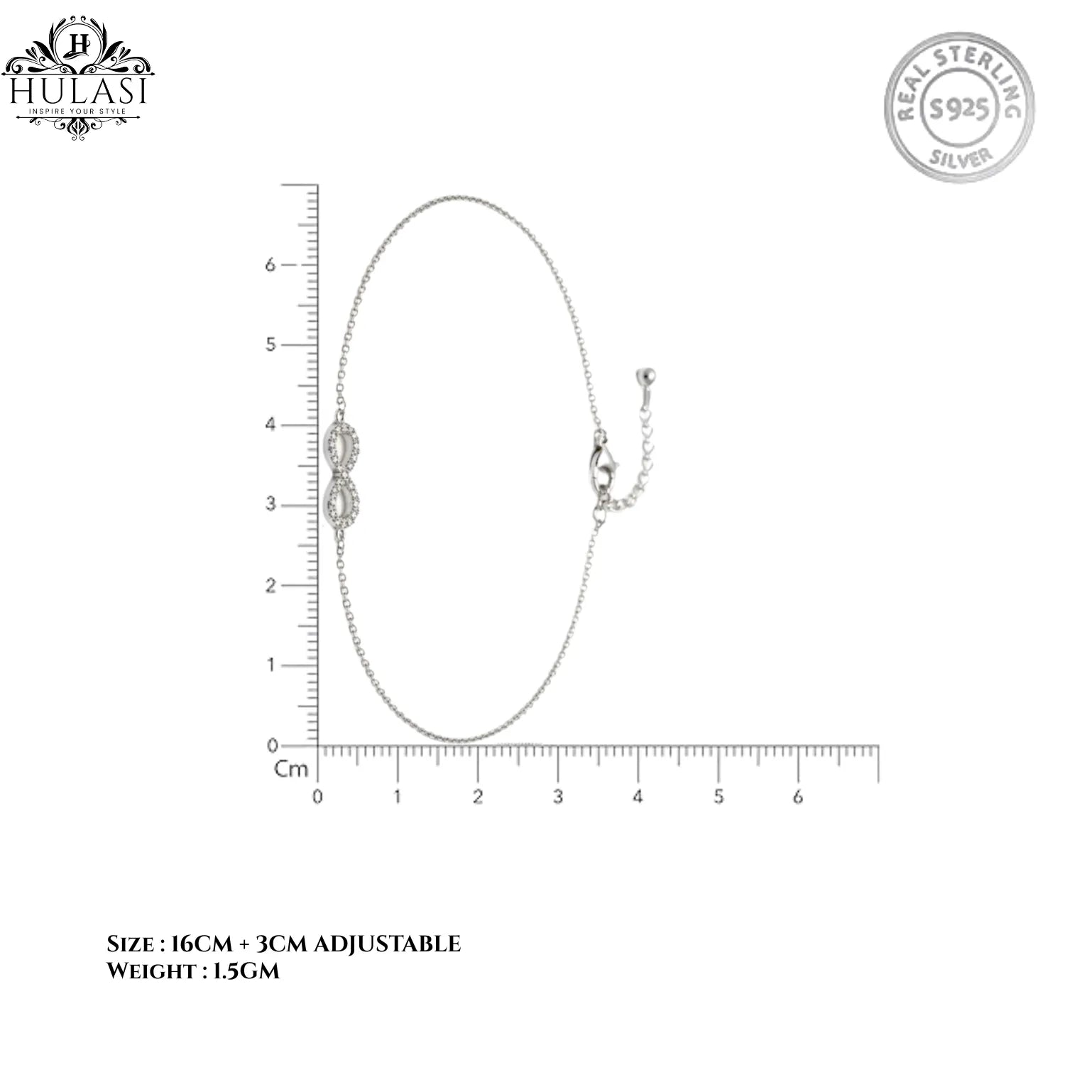 Hulasi Women 925 Sterling Silver Infinity Symbol Crystal Studded Bracelet Adjustable 16cm