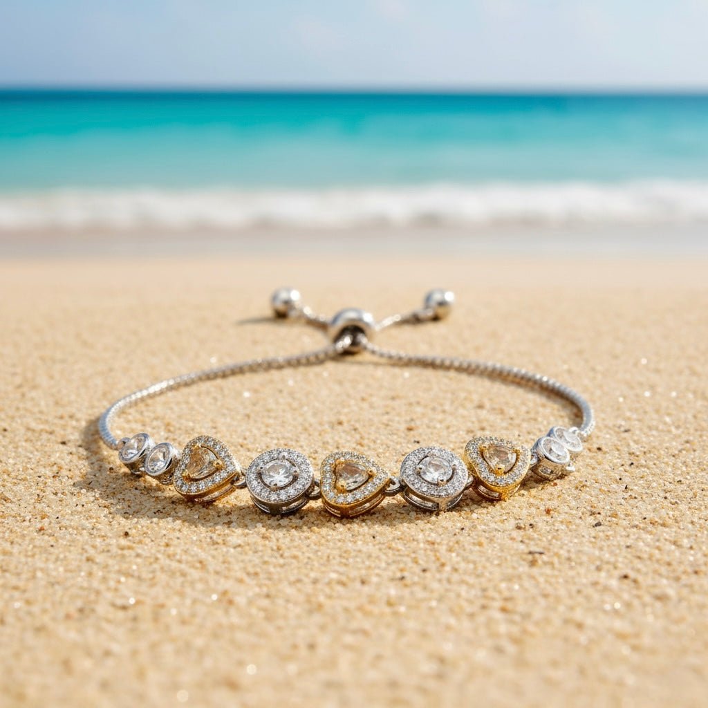 Heart and Circle Charms & Studded Rhinestones Sterling Silver Chain Bracelet