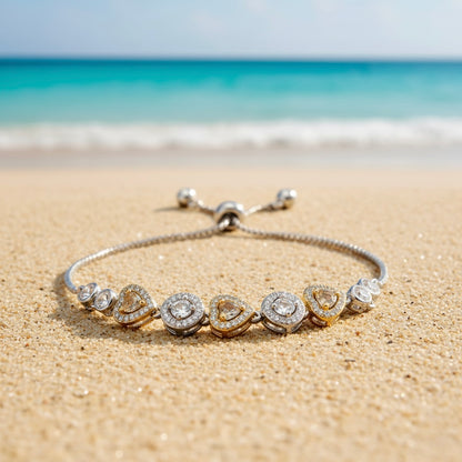 Heart and Circle Charms & Studded Rhinestones Sterling Silver Chain Bracelet