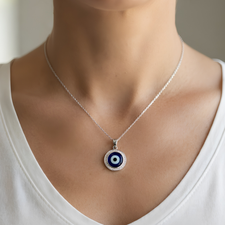 925 Sterling Silver Round Blue Evil Eye Pendant | Hulasi