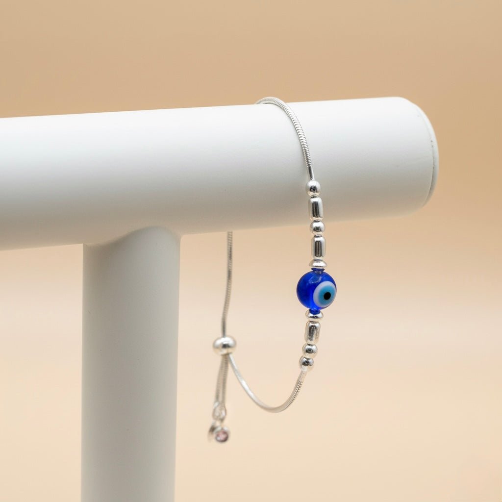 Sterling Silver Chain Bracelet with Evil Eye & Silver Beads