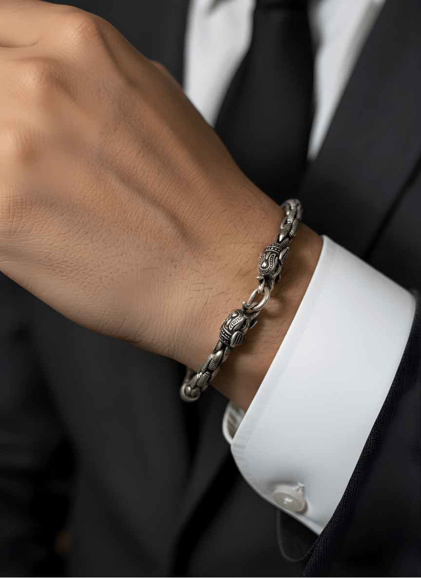 Silver Elephant Guardian Oxidised Bracelet ( 33 grams )