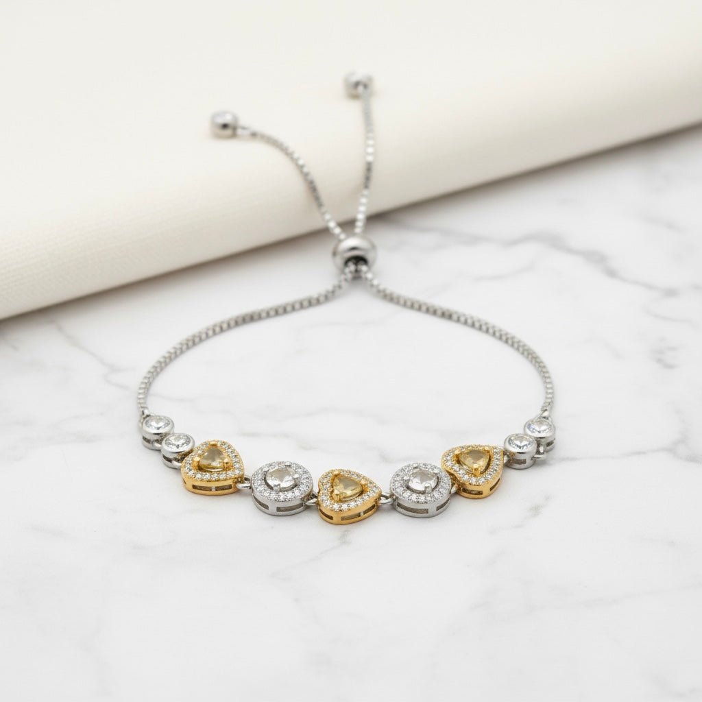 Heart and Circle Charms & Studded Rhinestones Sterling Silver Chain Bracelet