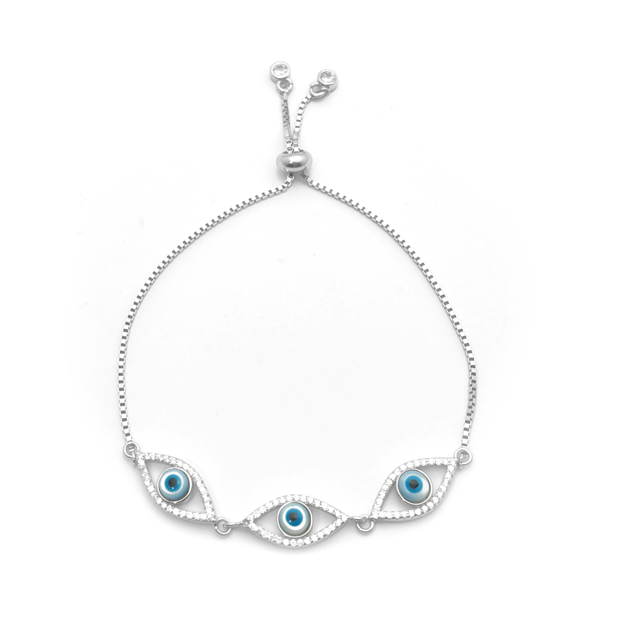 3 Blue Eyes & Studded Rhinestones Sterling Silver Chain Bracelet