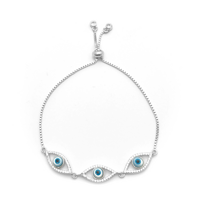 3 Blue Eyes & Studded Rhinestones Sterling Silver Chain Bracelet