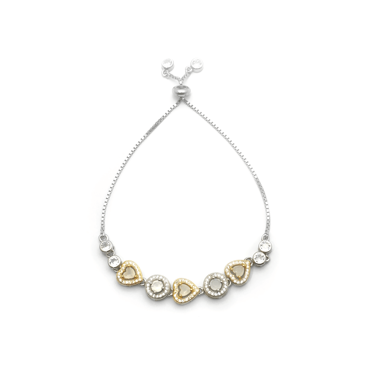 Heart and Circle Charms & Studded Rhinestones Sterling Silver Chain Bracelet