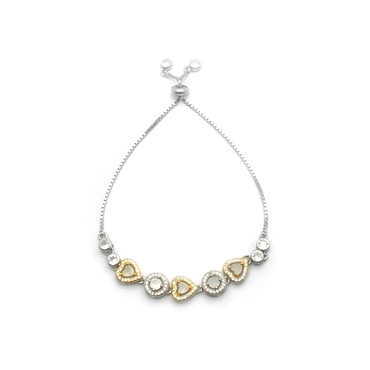 Heart and Circle Charms & Studded Rhinestones Sterling Silver Chain Bracelet