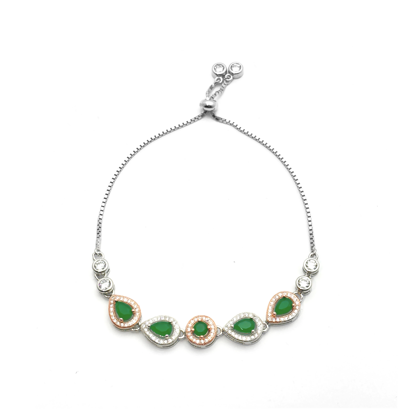 Sterling Silver Chain Bracelet with Green Stones & Studded Rhinestones