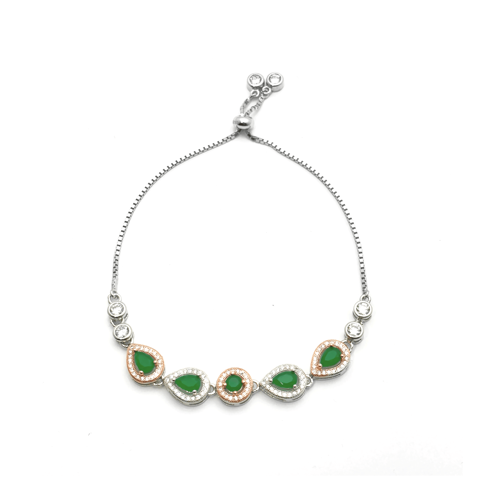 Sterling Silver Chain Bracelet with Green Stones & Studded Rhinestones