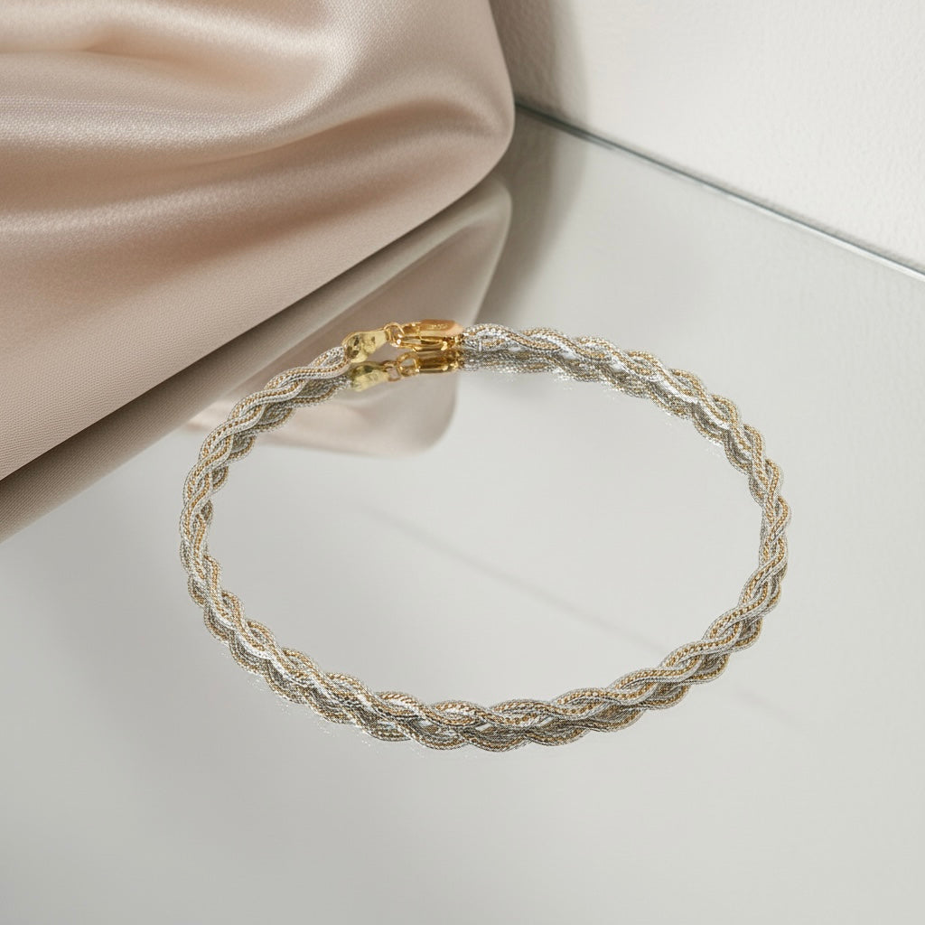 Elegant Gold & Silver Woven Design Silver Italian Anklet