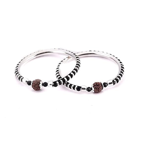 Rudraksh Sterling Silver Kada (Bangle Bracelet) with Black Silver Beads
