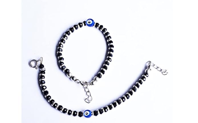Evil Eye Sterling Silver Bracelet with Black, Silver Beads (1 Pair)
