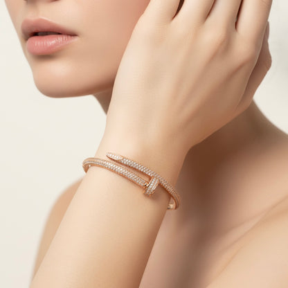 Circle End & Studded Rhinestones Rose Gold Plated Sterling Silver Bangle Bracelet