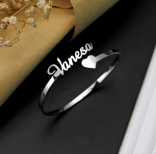 Personalised Name Open Cuff Bracelet with Heart ƒ?? 925 Sterling Silver