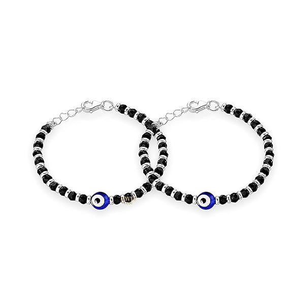 Evil Eye Sterling Silver Bracelet with Black, Silver Beads (1 Pair)