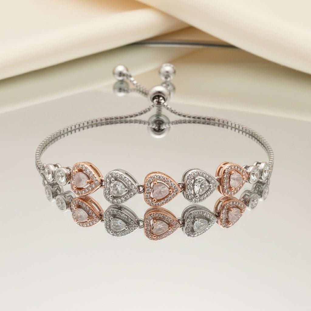 Heart Shape Charms & Studded Rhinestones Sterling Silver Chain Bracelet