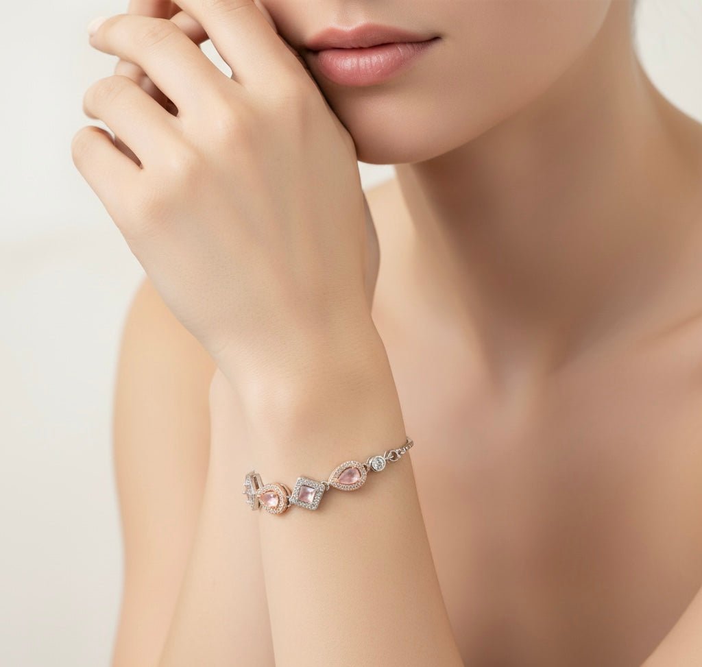 Sterling Silver Chain Bracelet with Leaf, Square, Circle Charms & Studded Rhinestones