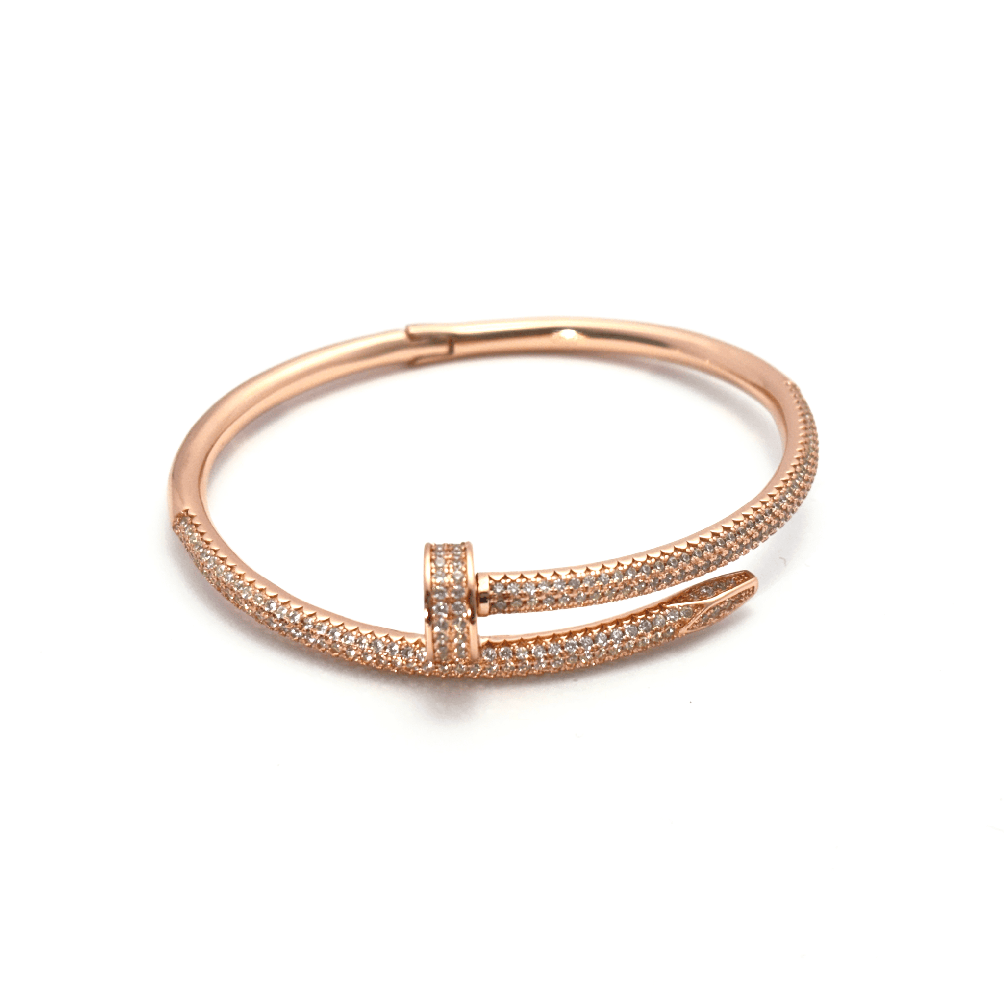 Circle End & Studded Rhinestones Rose Gold Plated Sterling Silver Bangle Bracelet