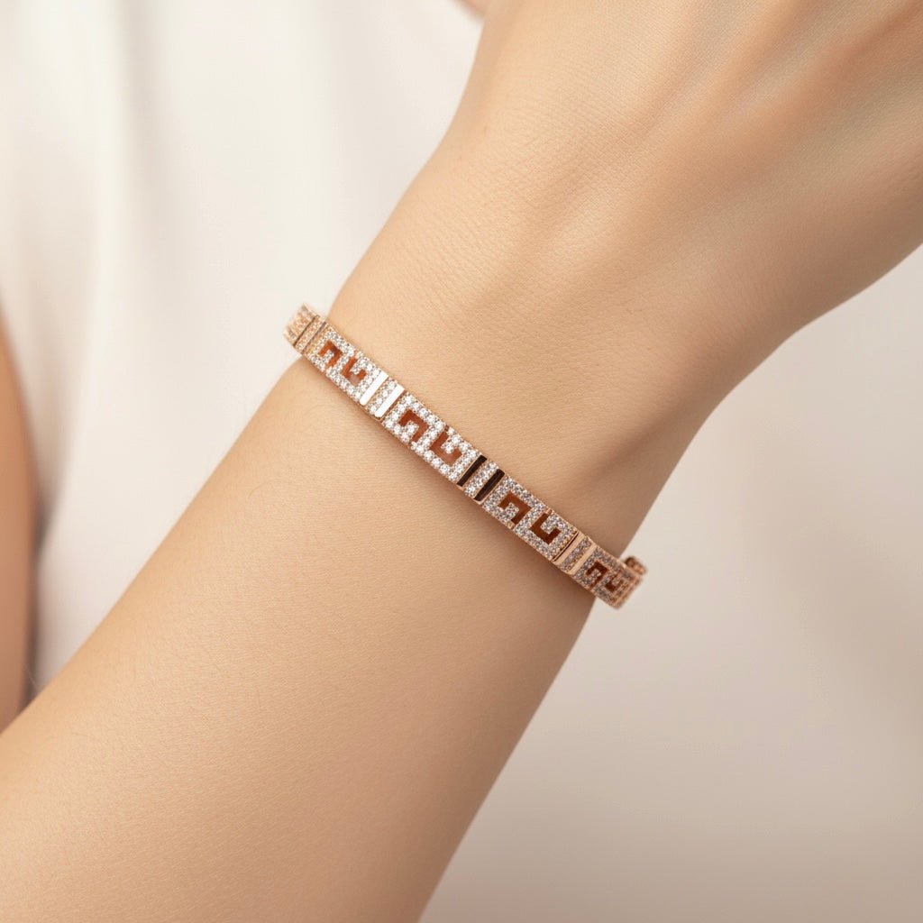 Designed Carving & Studded Rhinestones Rose Gold Plated Sterling Silver Bangle Bracelet