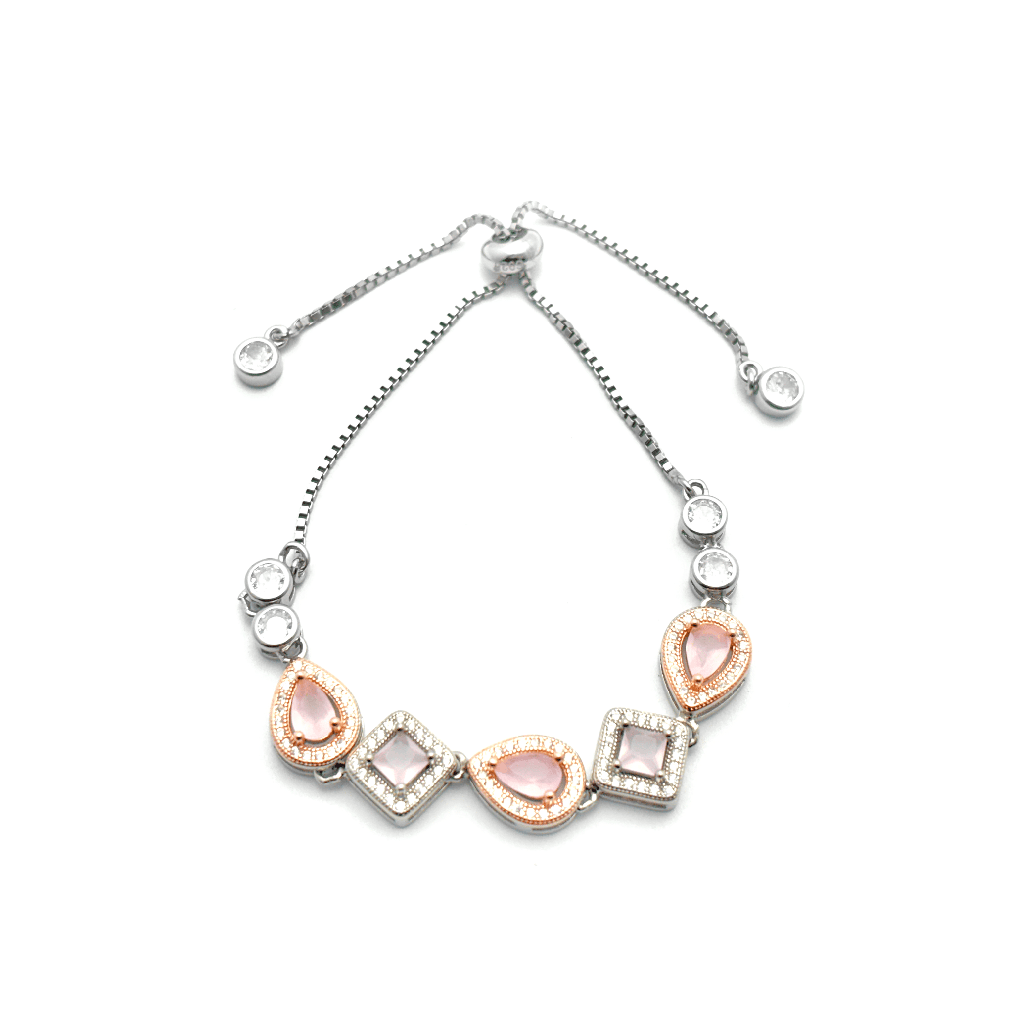 Sterling Silver Chain Bracelet with Leaf, Square, Circle Charms & Studded Rhinestones