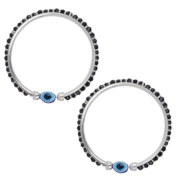 Evil Eye & Black Silver Beads Sterling Silver Kada (Bangle Bracelet)