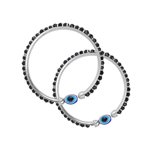 Evil Eye & Black Silver Beads Sterling Silver Kada (Bangle Bracelet)