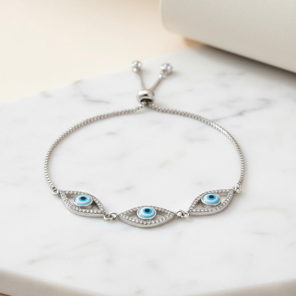 3 Blue Eyes & Studded Rhinestones Sterling Silver Chain Bracelet