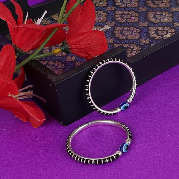 Evil Eye & Black Silver Beads Sterling Silver Kada (Bangle Bracelet)