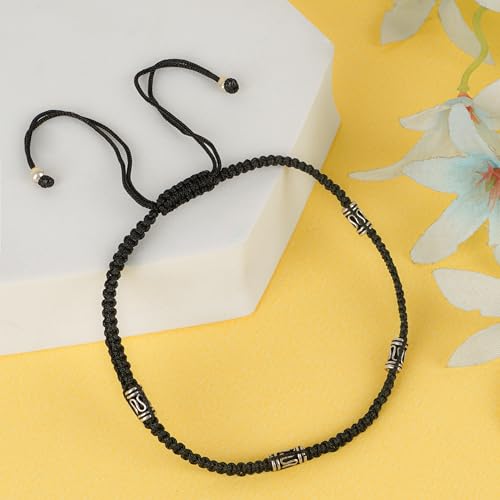 Handcrafted 925 Sterling Silver Black Thread Anklet for women and girls featuring four sleek silver cylinder beads. This elegant anklet combines traditional and modern design elements with an adjustable black thread, ensuring a comfortable and secure fit. Perfect for casual and ethnic wear, this stylish anklet showcases pure silver craftsmanship with a minimalist yet trendy look.