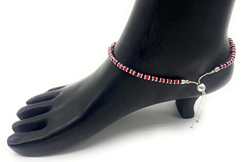 925 Sterling Silver Nazariya Anklet featuring a combination of black, silver, and red beads, designed for girls and women. This adjustable anklet is not only stylish but also comfortable for everyday wear. Ideal for adding a touch of elegance and charm, this anklet is perfect for pooja rituals or as a thoughtful gift. Made with high-quality 925 sterling silver, ensuring durability and long-lasting shine.