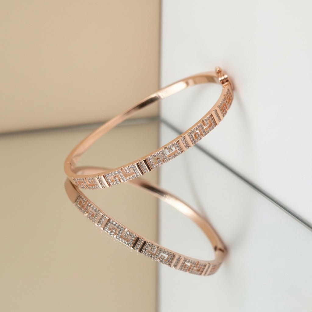 Designed Carving & Studded Rhinestones Rose Gold Plated Sterling Silver Bangle Bracelet