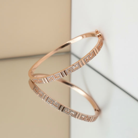 Designed Carving & Studded Rhinestones Rose Gold Plated Sterling Silver Bangle Bracelet