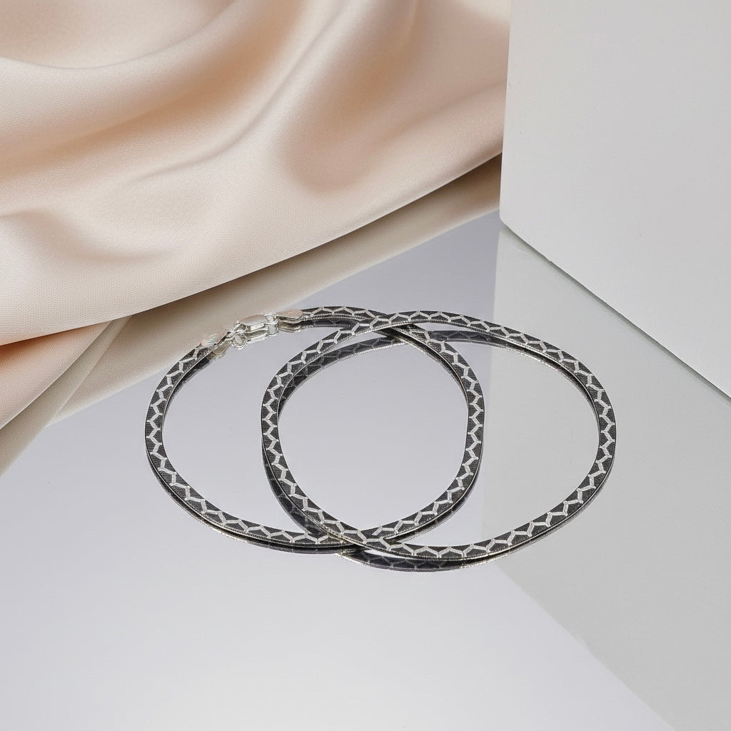 Elegant Black & Silver Woven Design Sterling Silver Italian Anklet (1 Pair)