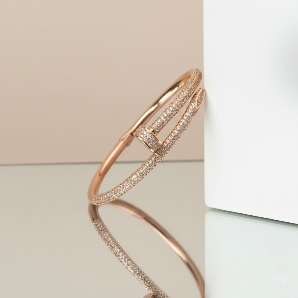 Circle End & Studded Rhinestones Rose Gold Plated Sterling Silver Bangle Bracelet