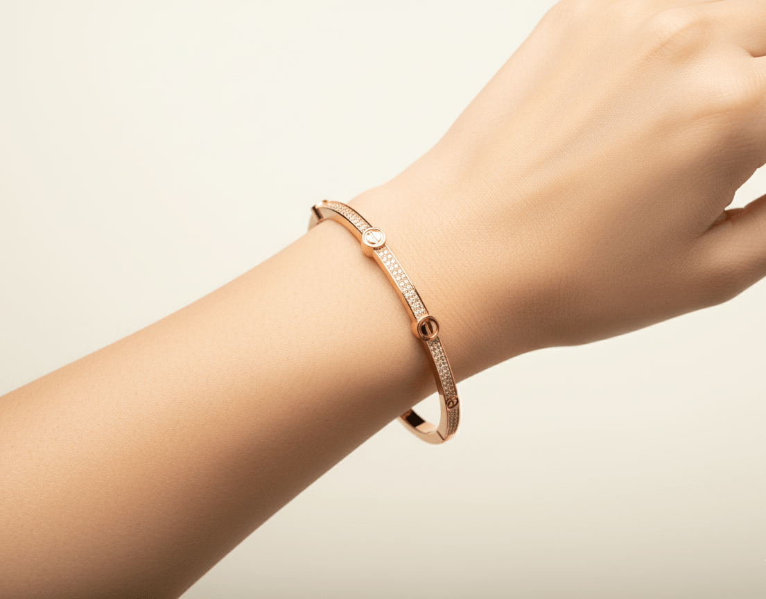 Studded Rhinestones Rose Gold Plated Sterling Silver Bangle Bracelet