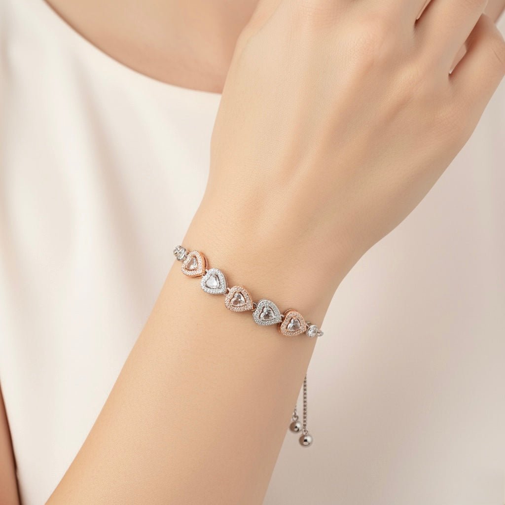Heart Shape Charms & Studded Rhinestones Sterling Silver Chain Bracelet