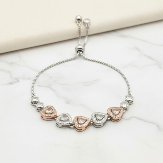 Heart Shape Charms & Studded Rhinestones Sterling Silver Chain Bracelet