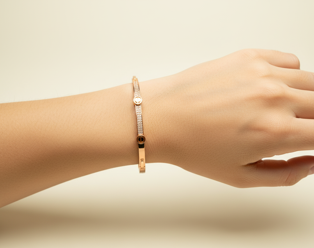 Studded Rhinestones Rose Gold Plated Sterling Silver Bangle Bracelet