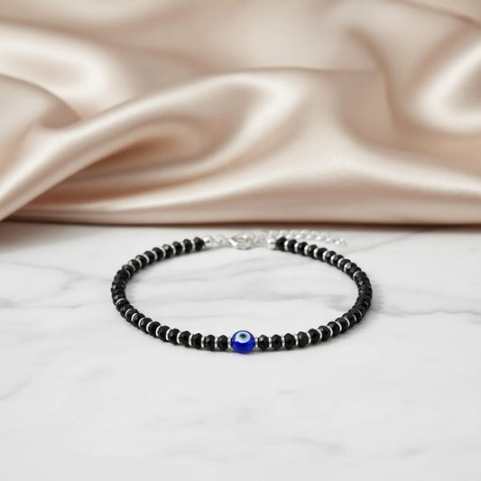 Hulasi Women 925 Sterling Silver Black Spinel Evil Eye Anklet 27cm