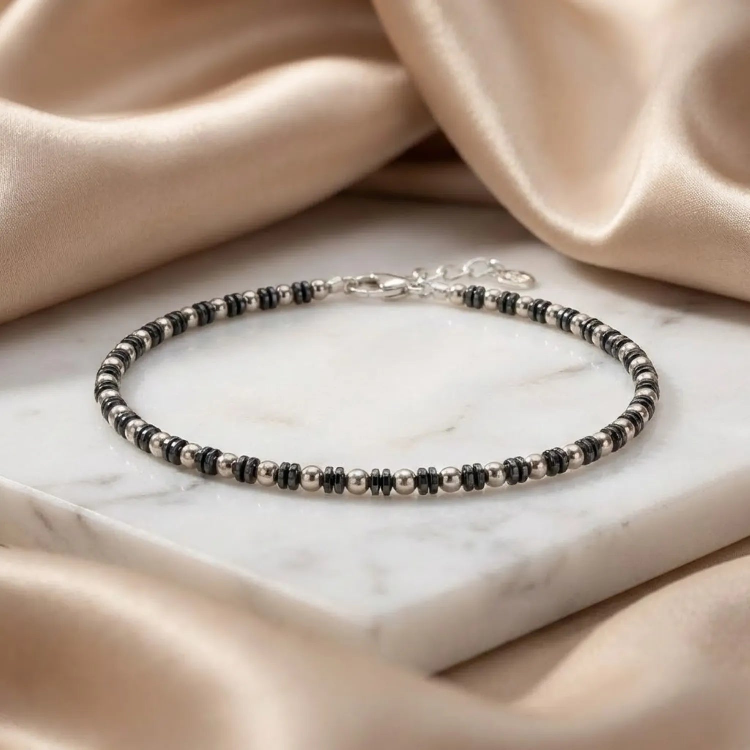Hulasi Women 925 Sterling Silver Faceted Black Bead Anklet 27cm