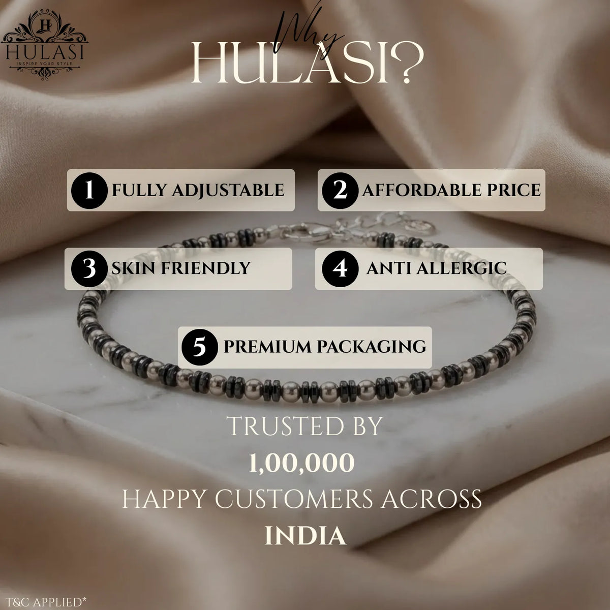 Hulasi Women 925 Sterling Silver Faceted Black Bead Anklet 27cm