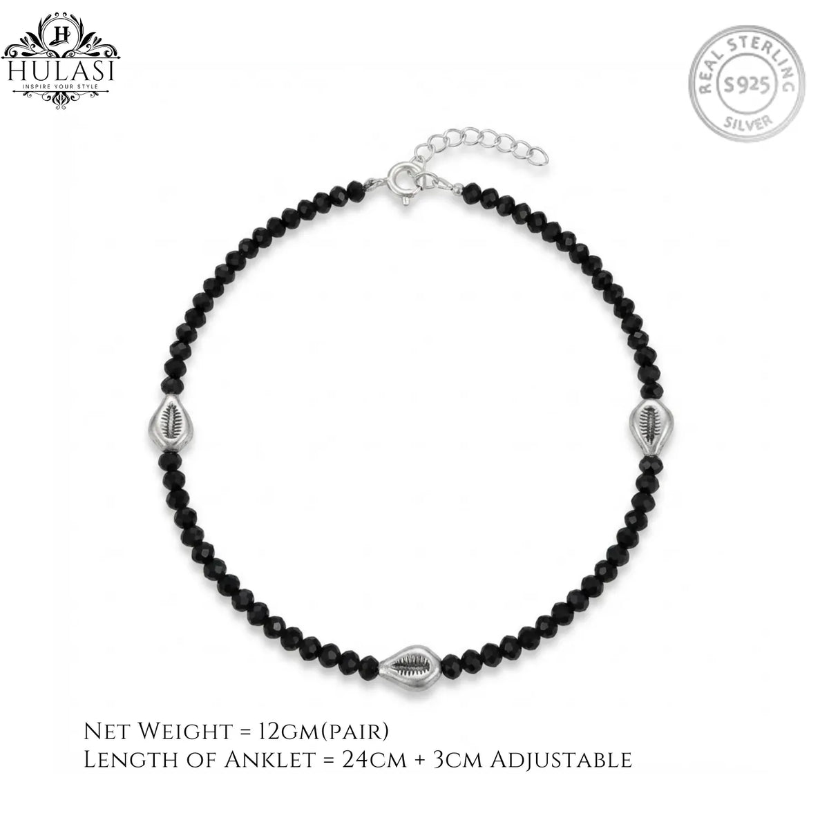 Hulasi Women 925 Sterling Silver Black Bead Cowrie Shell Anklet 27cm