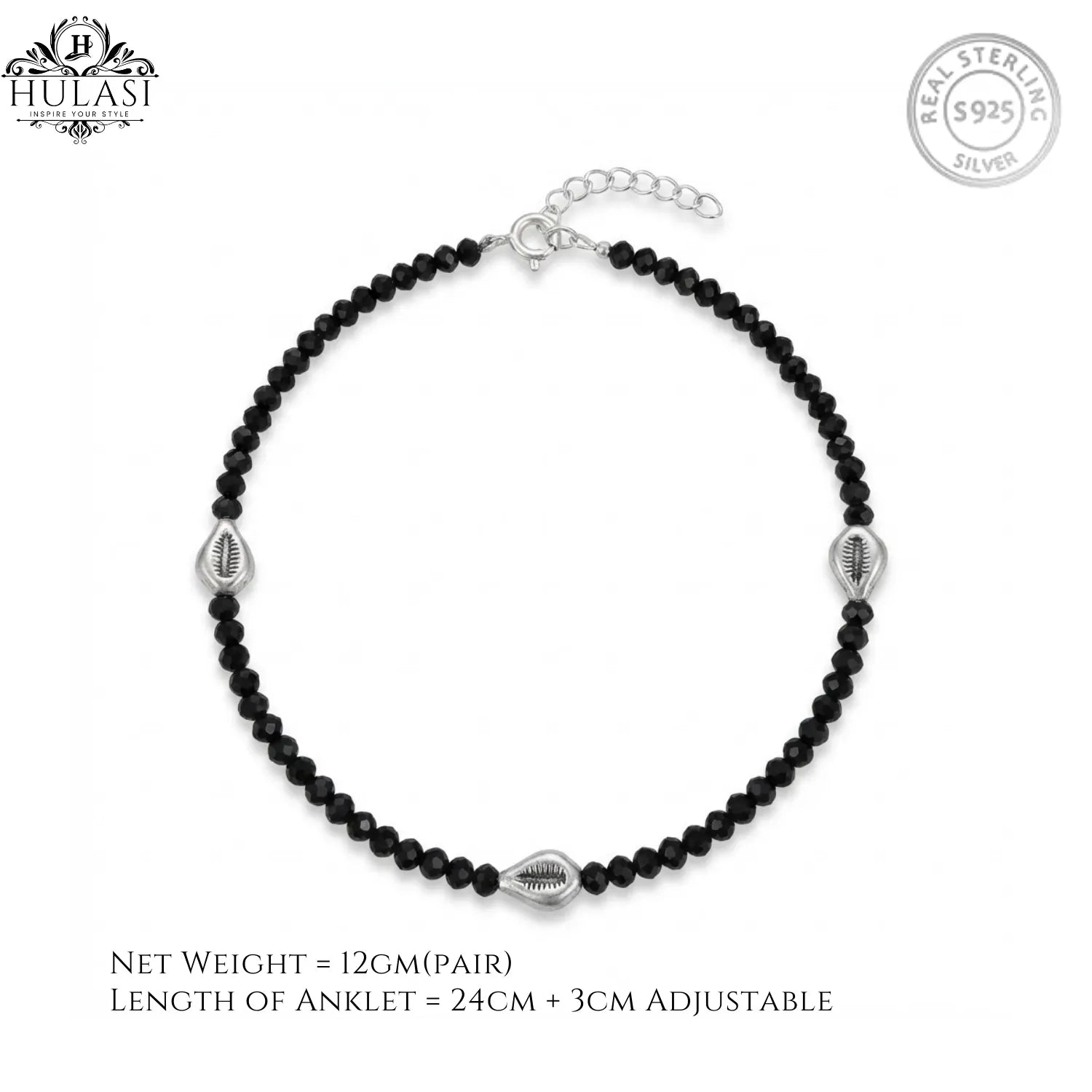 Hulasi Women 925 Sterling Silver Black Bead Cowrie Shell Anklet 27cm