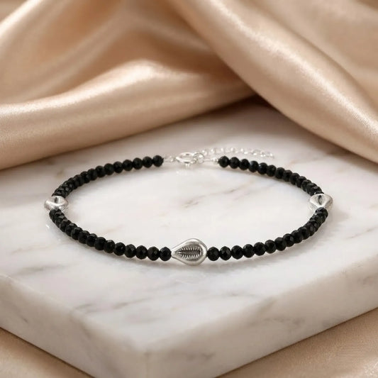 Hulasi Women 925 Sterling Silver Black Bead Cowrie Shell Anklet 27cm