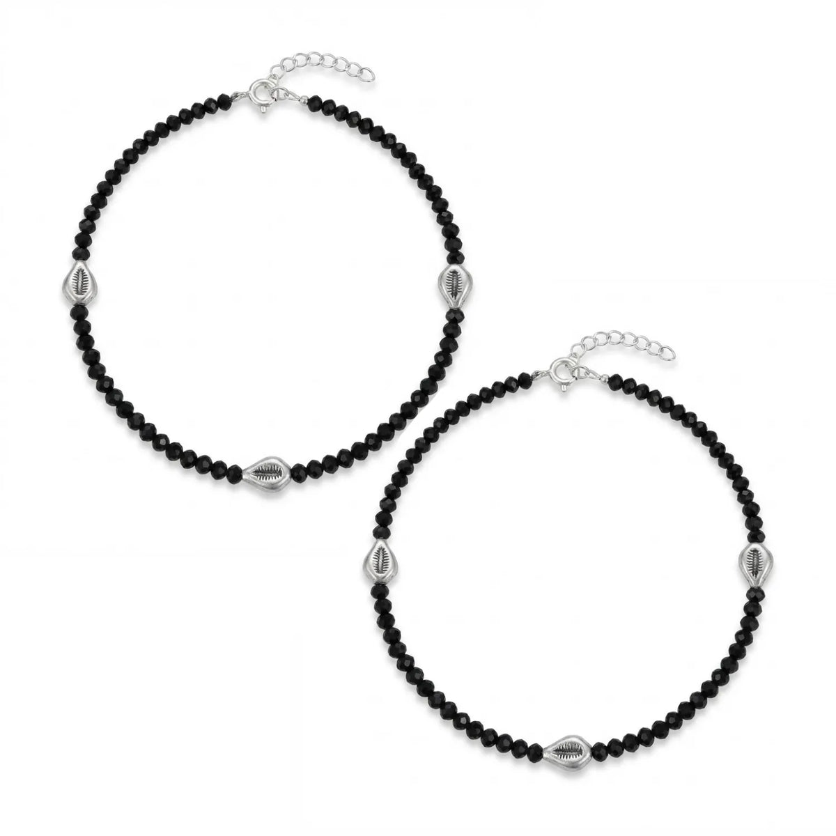 Hulasi Women 925 Sterling Silver Black Bead Cowrie Shell Anklet 27cm