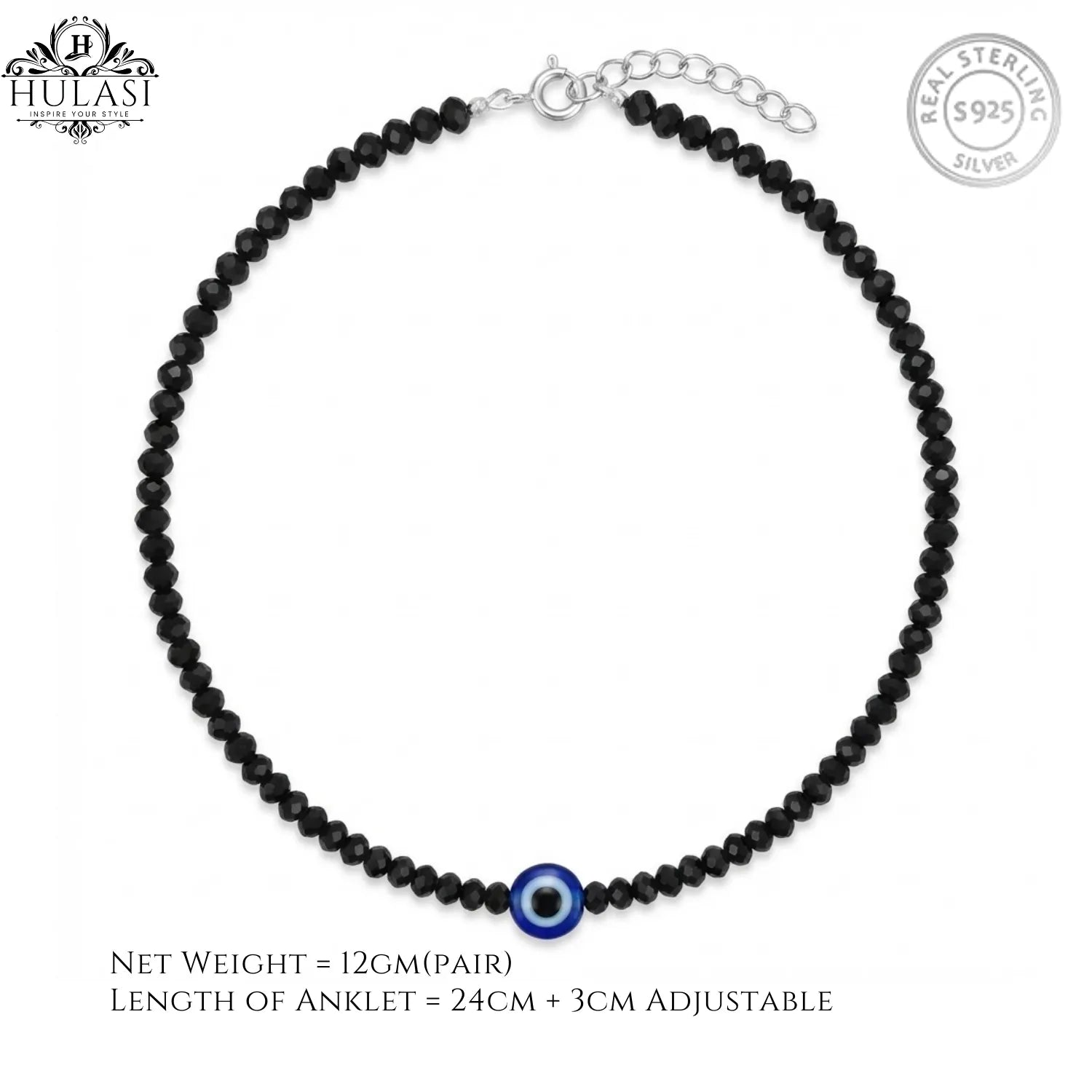 Hulasi Women 925 Sterling Silver Protection Evil Eye Black Anklet 27cm