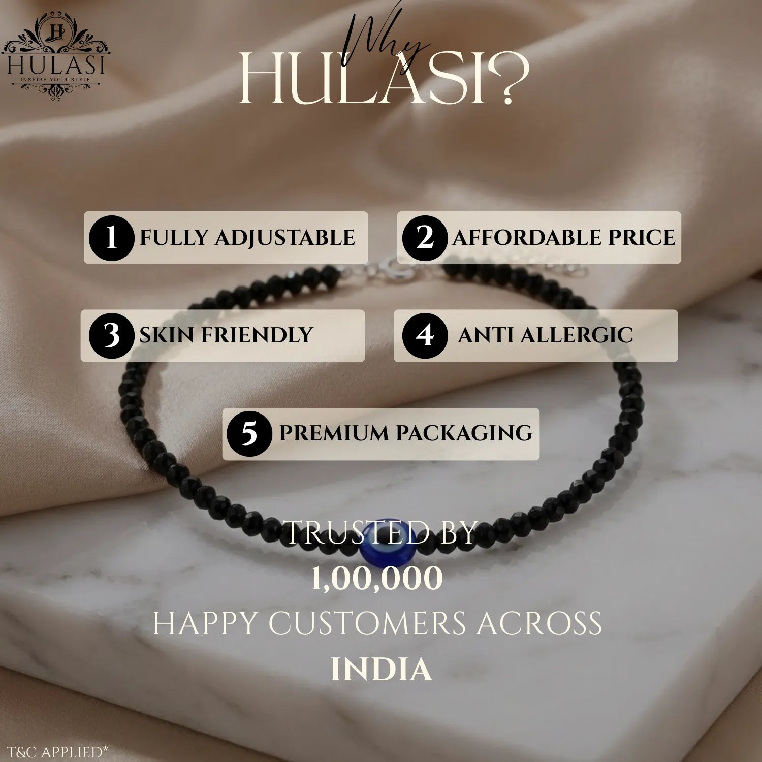 Hulasi Women 925 Sterling Silver Protection Evil Eye Black Anklet 27cm