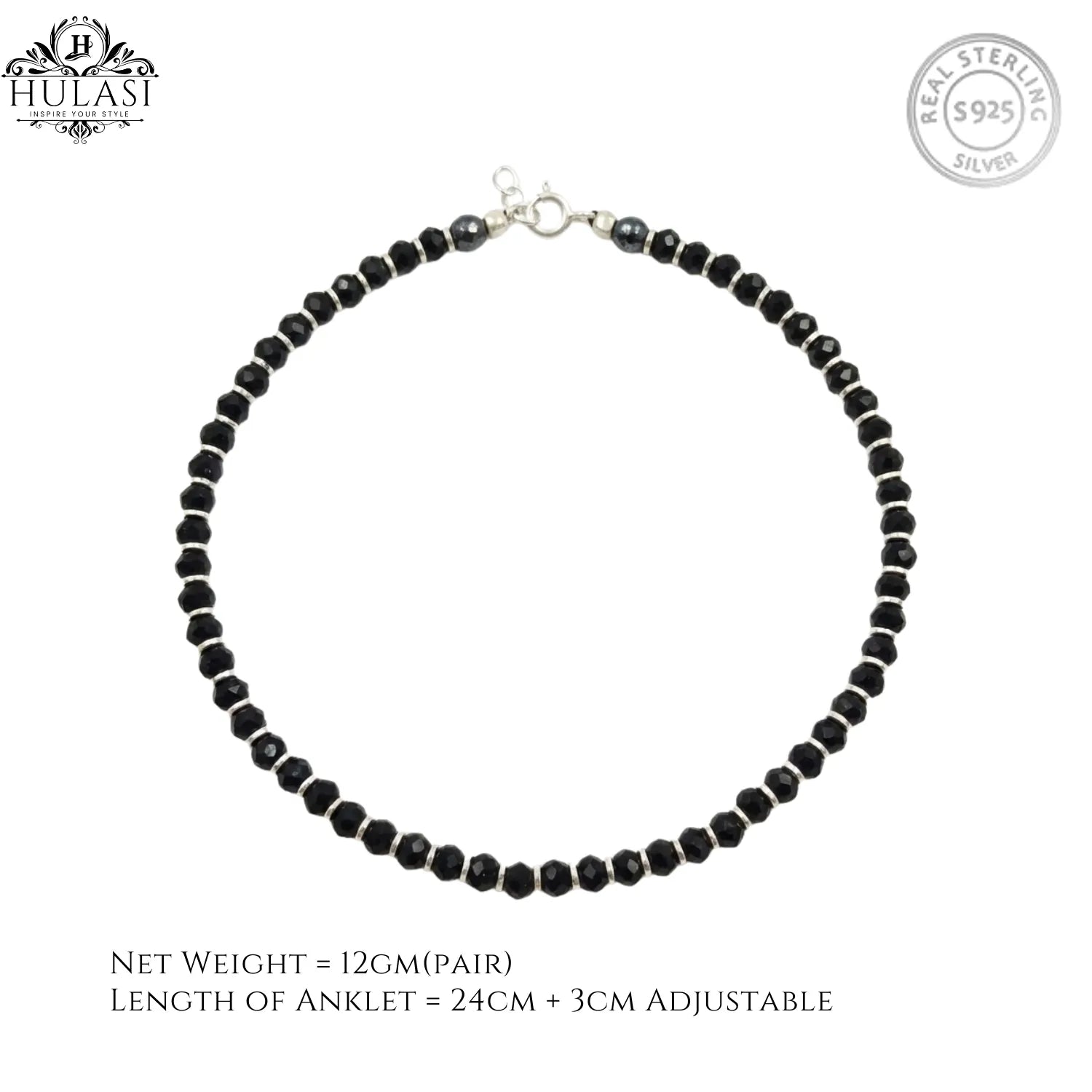Hulasi Women 925 Sterling Silver Minimalist Black Spinel Anklet 27cm