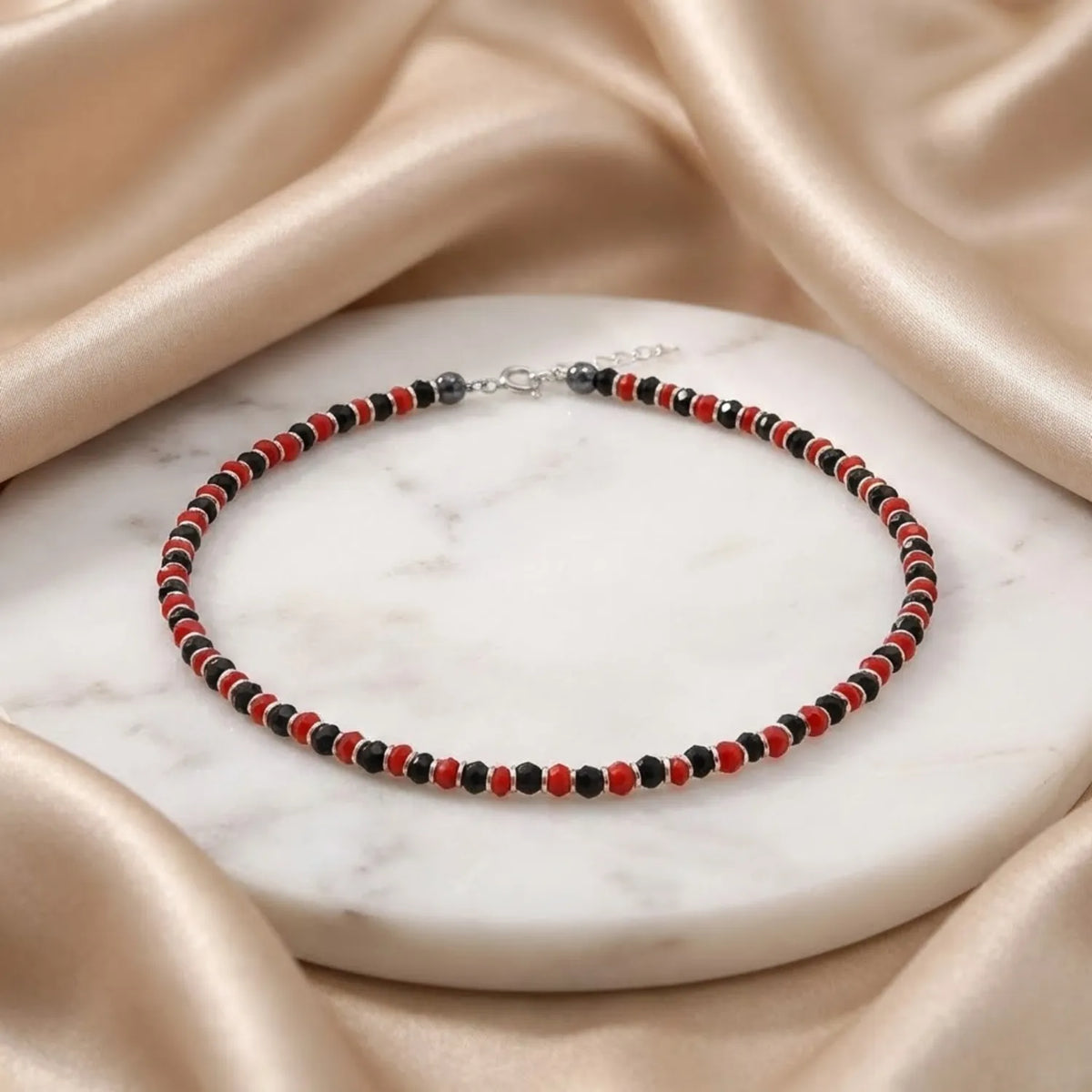 Hulasi Women 925 Sterling Silver Red Black Crystal Beaded Anklet 27cm