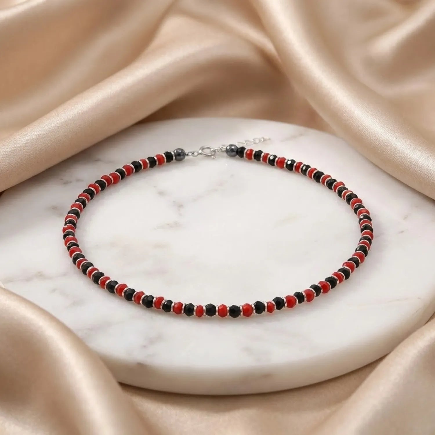 Hulasi Women 925 Sterling Silver Red Black Crystal Beaded Anklet 27cm